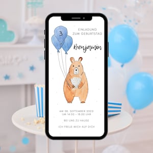Whatsapp Einladung zum ersten Geburtstag für Jungen und Mädchen, digitale Geburtstagseinladung, Ecard Aquarell Bär Luftballons Rosa Blau