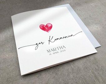 Personalisierte Karte zur Kommunion mit Namen und Datum, Große Quadratische Kommunionskarte mit Aquarell Herz, Glückwunschkarte Kirche