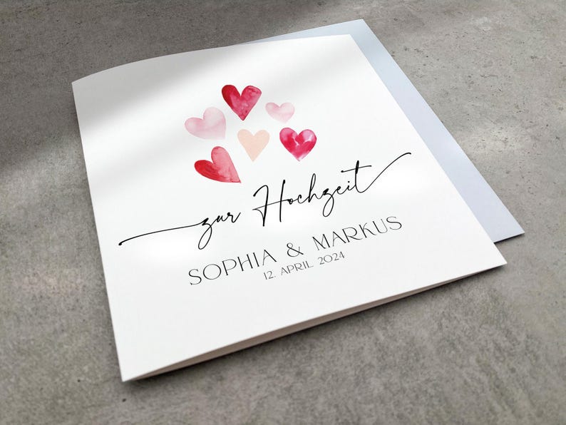 Personalized wedding card with red hearts, modern wedding card with names and date, large square wedding congratulations card image 1