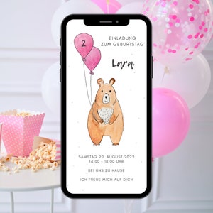 Whatsapp Einladung zum 2. Geburtstag für Mädchen, digitale Geburtstagseinladung, Ecard personalisiert Aquarell Bär Luftballons Rosa Blau