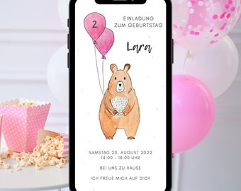 Whatsapp Einladung zum 2. Geburtstag für Mädchen, digitale Geburtstagseinladung, Ecard personalisiert Aquarell Bär Luftballons Rosa Blau