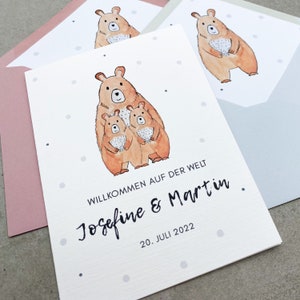 Zwillinge Glückwunschkarte zur Geburt personalisierbar mit Name, Geburtskarte Baby Mädchen und Jungen, Aquarell Bären