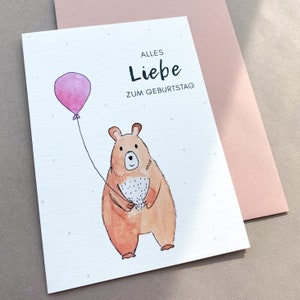 Karte zum Geburtstag Aquarell Bär, Geburtstagskarte Luftballon, Glückwunschkarte Geburtstag Kinder, Happy Birthday Karte Kindergeburtstag