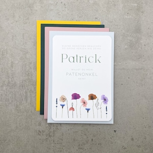 Karte Willst du mein Patenonkel sein, Patentante fragen personalisiert mit Name, Antrag Trauzeugin mit Armband, Aquarell Wildblumen Mohn