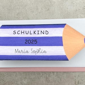 Schulkind 2025 Lila Stift, Personalisierte Karte zur Einschulung mit Name und Jahr Jungen Mädchen, Glückwunschkarte Schulanfang Geldgeschenk