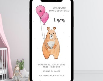 Digitale Einladung zum Geburtstag für Kinder, Geburtstagseinladung per Whatsapp versenden, Ecard personalisiert Aquarell Bär Luftballons