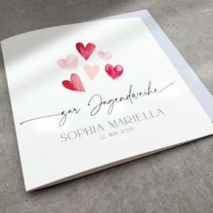 Personalisierte Karte zur Jugendweihe mit Namen und Datum, Glückwunschkarte Alles Liebe zur Jugendweihe mit rosa roten Herzen Aquarell