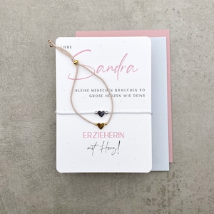 Karte Danke Erzieherin mit Herz, filigranes Armband und Dankeskarte Hebamme aus Edelstahl, gold oder silber, Geschenk Abschied Kindergarten