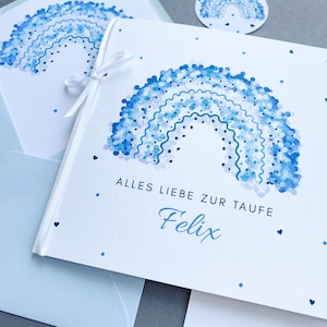 Große Regenbogen Taufkarte personalisiert für Jungen, Karte Geldgeschenk zur Taufe, Quadratische Glückwunschkarte türkis blau zur Taufe