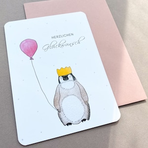 Geburtstagskarte Aquarell Pinguin mit Luftballon, Glückwunschkarte Geburtstag Kinder, Happy Birthday Karte Kindergeburtstag