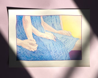 May include: A print featuring two figures in blue dresses, with hands clasped and resting on their laps. The artwork has a soft, textured appearance, with a yellow and purple background. The print is on a white paper with a purple border.
