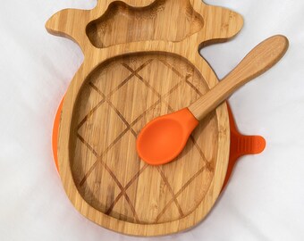 Pineapple suction plate and spoon bamboo baby set