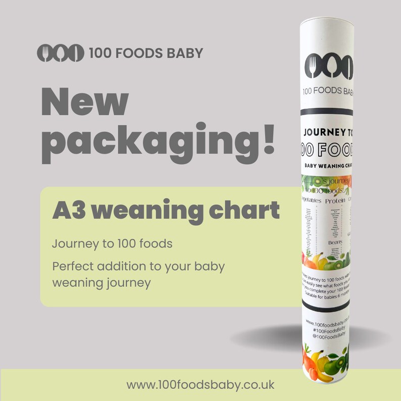 以下が含まれることがあります： 白いラベルに「Journey to 100 Foods Baby Weaning Chart」と書かれたカラフルなチューブ。チューブはグレーの背景にあり、黒い文字で「New packaging! A3 weaning chart Journey to 100 foods Perfect addition to your baby weaning journey www.100foodsbaby.co.uk」と書かれている。