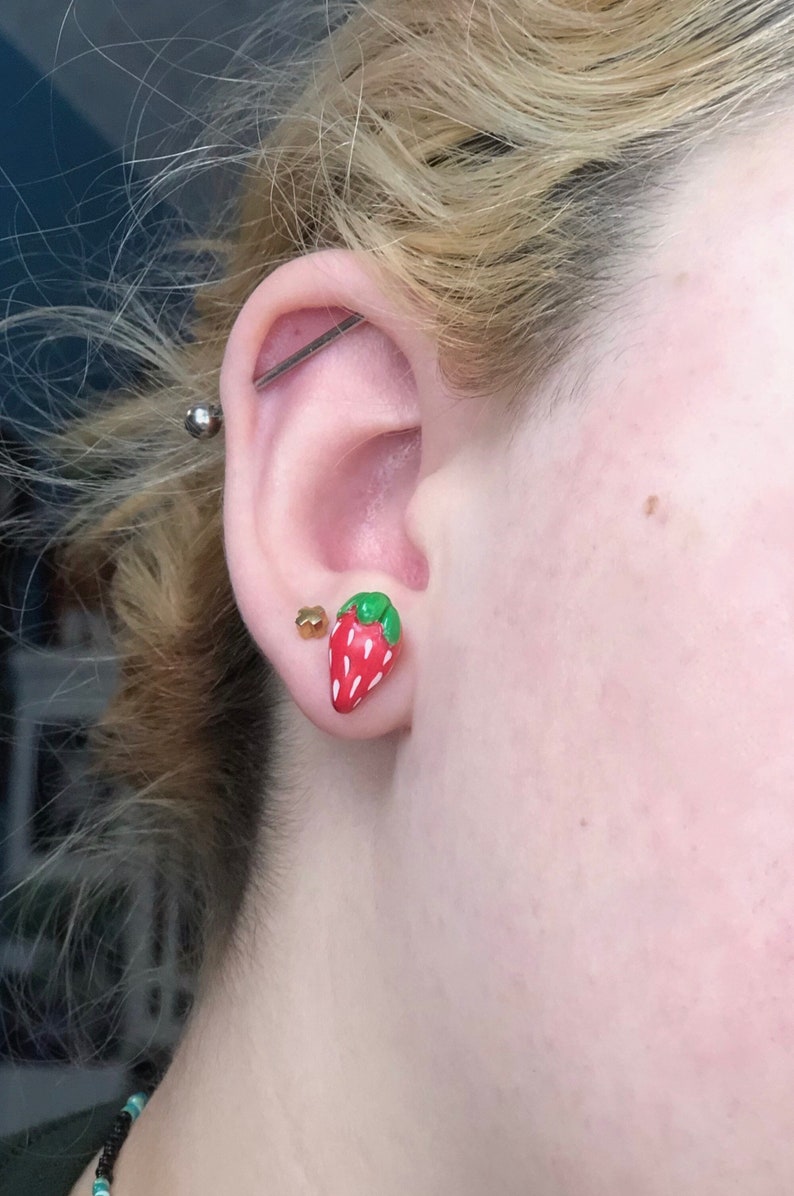 Handmade Clay Strawberry Stud Earrings Cottagecore Fairycore Cute Earrings