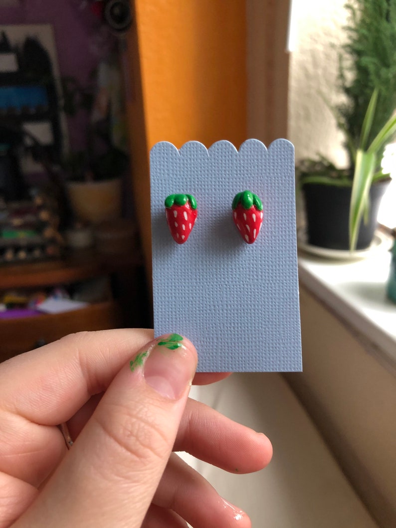 Handmade Clay Strawberry Stud Earrings Cottagecore Fairycore Cute Earrings
