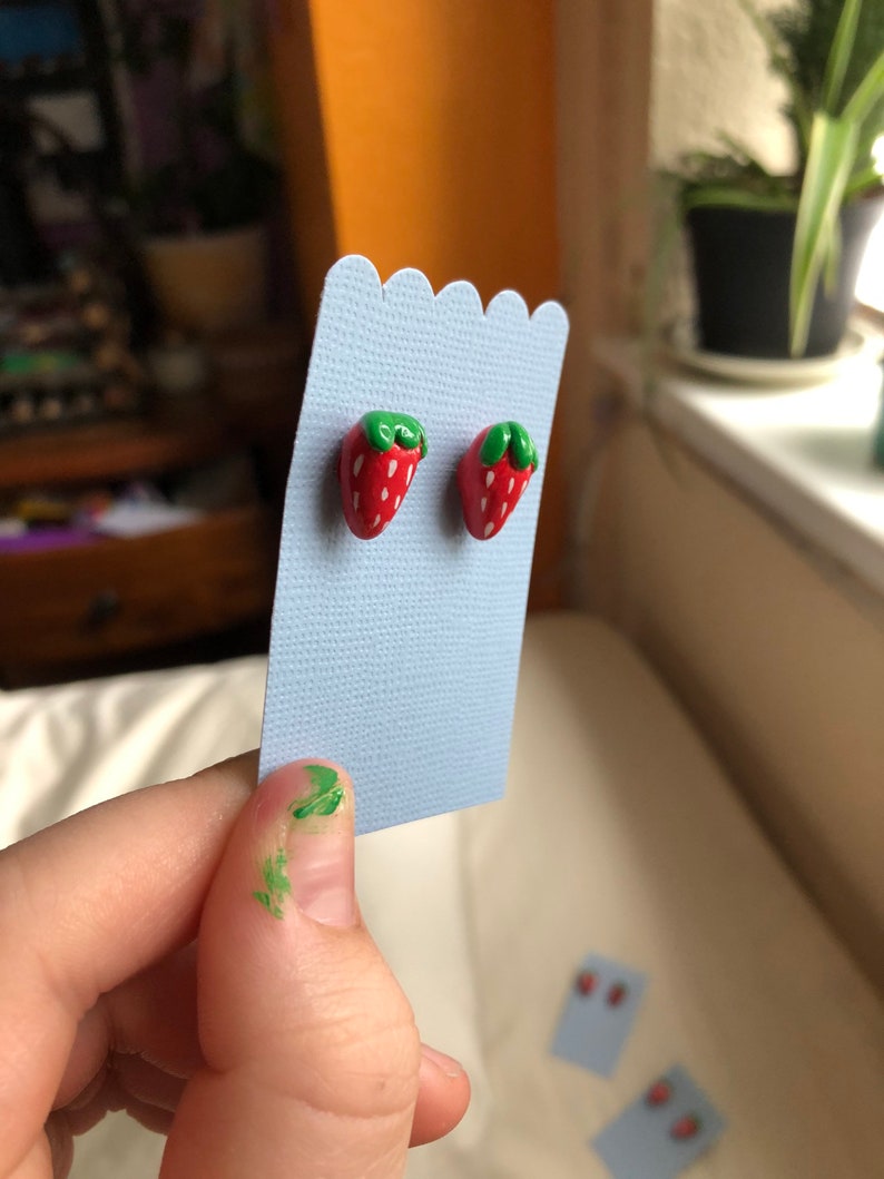 Handmade Clay Strawberry Stud Earrings Cottagecore Fairycore Cute Earrings