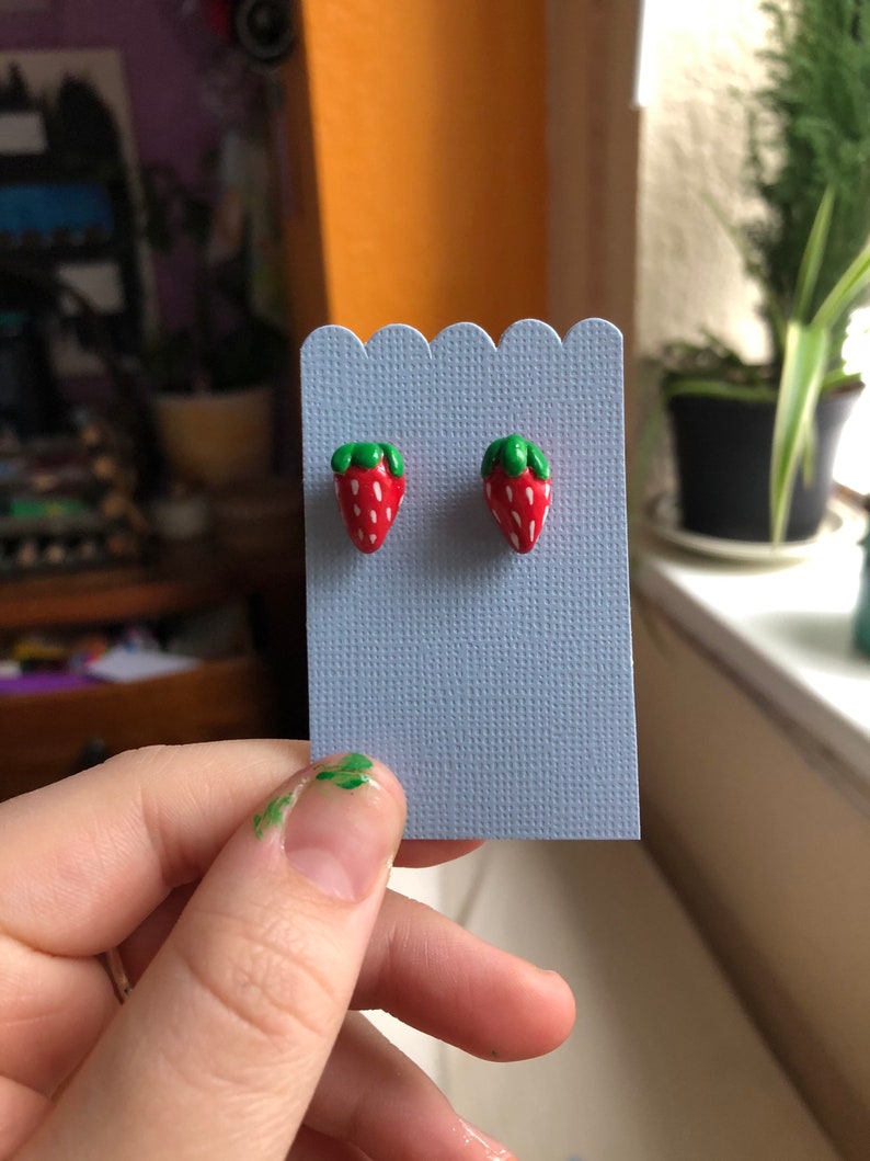 Handmade Clay Strawberry Stud Earrings Cottagecore Fairycore Cute Earrings