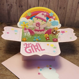 3D Pop Up Karte in einer Box, handgemacht, Glückwünsche zur Geburt, Baby, Geburtstag, Schwangerschaft, Kleinigkeit, Überraschung, Mädchen
