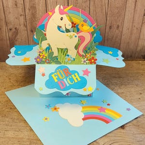 3D Pop Up Karte in einer Box XL Geburtstagskarte, handgemacht, Geburtstag, Einhorn, Geschenk, Überraschung, Kleinigkeit, Deko, Regenbogen