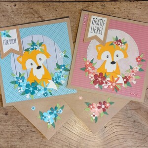 2er-Set Grußkarten, handgemacht, Geburtstag, Muttertag, Geburt, Überraschung, Geschenk, Kleinigkeit, Fuchs, Frühling, Blumen, Liebe, Deko