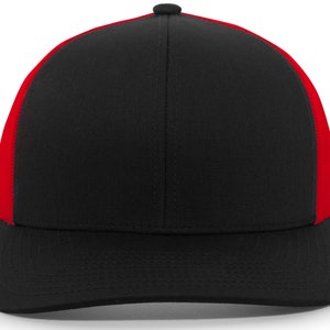 May include: A black and red trucker hat with a mesh back. The hat has a flat brim and a curved crown.