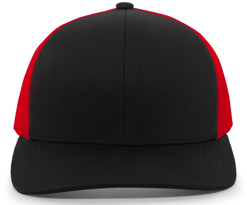 May include: A black and red trucker hat with a mesh back. The hat has a flat brim and a curved crown.