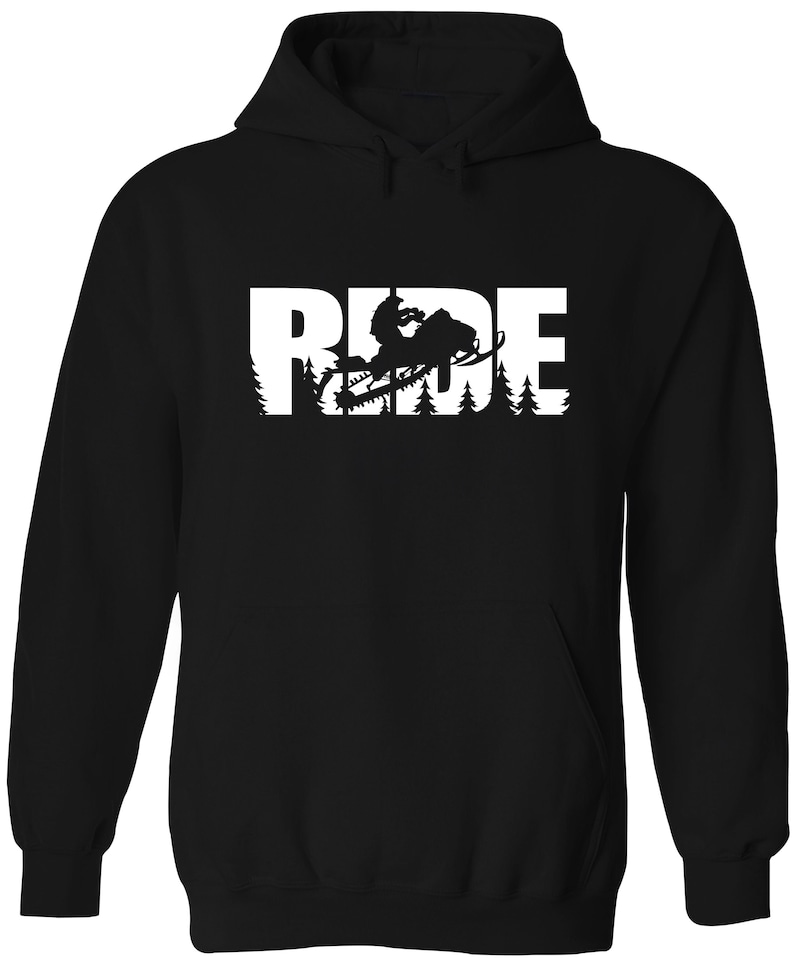 May include: Black hooded sweatshirt with a white silhouette of a snowmobile and the word "RIDE" in large white letters.