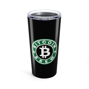 Puede incluir: Un vaso de acero inoxidable negro con un logotipo verde y blanco que dice "Bitcoin Brew" con un símbolo de Bitcoin en el centro.