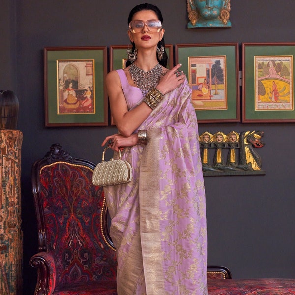 Lavender Purple Pure Katan Handloom Weaving silk Saree With Beautiful Rich Pallu & Stitched Blouse For Women Casual wear