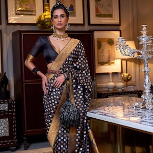 Black Pure Khadi Copper Zari Handloom Weaving Saree With Beautiful Rich Pallu & Brocade Blouse For women casual wear