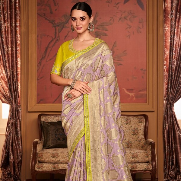 Lavender Yellow Designer Soft Pure Dola Silk Saree With Embroidery Work Stylish Blouse For Wedding,anniversary Wear Sari