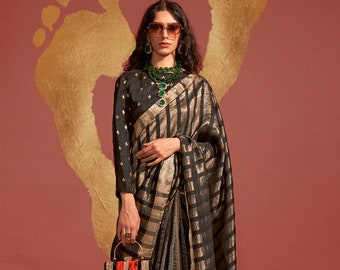Black & Gold Pure Viscose Handloom Weaving Saree For Women Traditional Occasion Wear Light Weight Soft Exclusive Sari