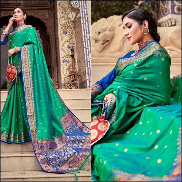 EMERALD GREEN SOFT Silk Weaving with beautiful rich pallu for wedding, party & festive wear traditional designer saree