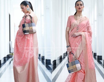 Coral Pink & Golden Zari Modal Weaving Kora Silk saree for women wedding special festive occasion casual party wear