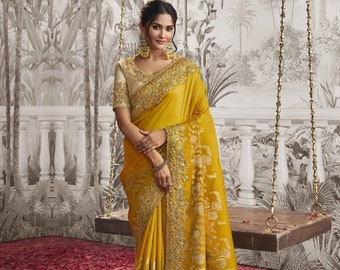 Mustard Yellow Viscose Silk Embroidered Party Wear Perfact Saree For Women With Stylish Attractive designer Blouse & Sari