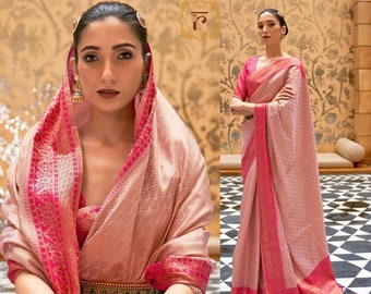 Rose Pink Zari Silk Saree with Brocade Blouse For Women Wedding,Festive & party wear traditional designer indian sari