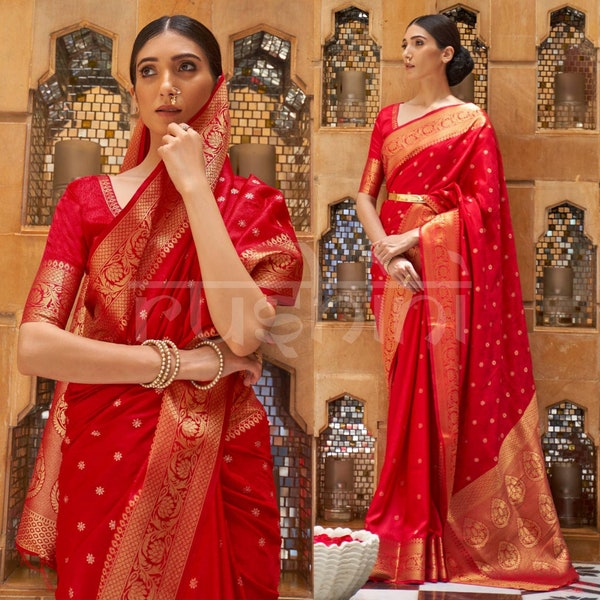 Bridal Red And Gold Kanjivaram SOFT WEAVING SILK With Beautiful Rich Pallu & Blouse for Wedding Festive Wear Ethnic Sari