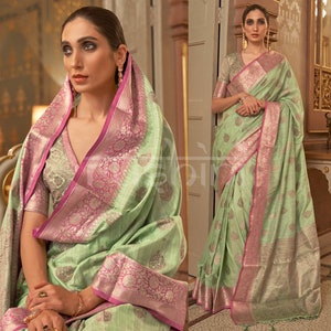 Handloom Weaving Soft Silk Saree in Green & Gold Zari Border With Brocade Blouse