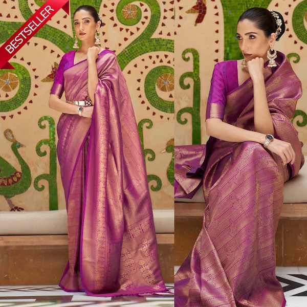 PURPLE KANJIVARAM SOFT Silk Saree with beautiful rich pallu & blouse for women wedding,party,ceremony wear designer sari