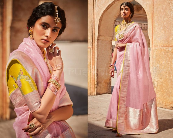 Perfervid Peach Organza Trendy Saree Buy Online -