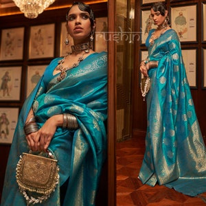 Sky Blue Woven Banarasi brocade silk saree and matching blouse for women wardrobe, clothing, Saree, Blouse, Bridesmaid Dresses