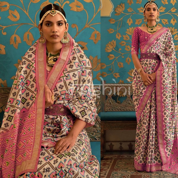 Beige & Pink Patola Silk With Swarovski Work On Saree And Customised blouse Stitching for Stylish Designer Indian Sari