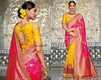Buy Canary Yellow u0026 Pink Zari Woven Designer Banarasi Silk Saree Online in  India - Etsy
