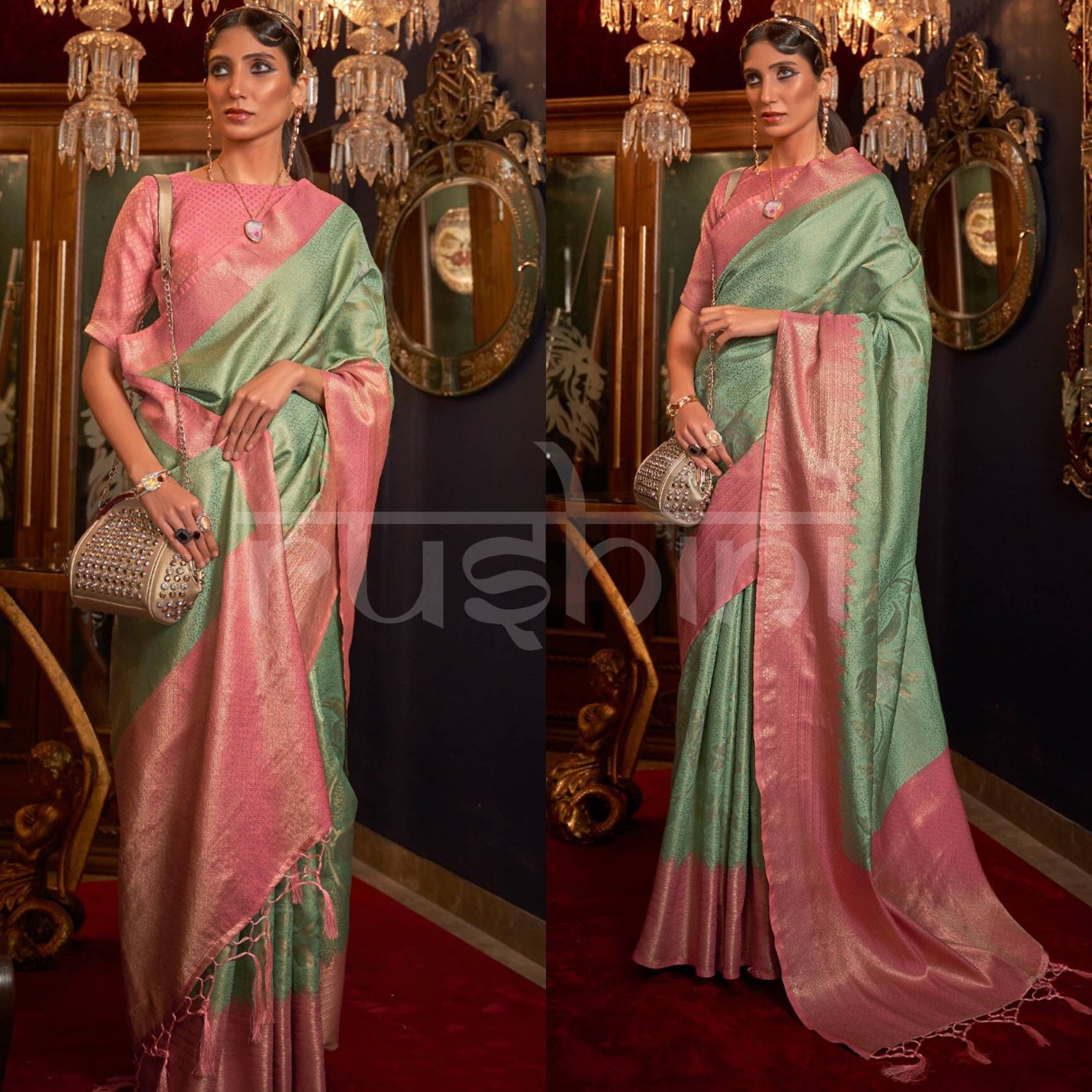 Green saree with pink cheap blouse
