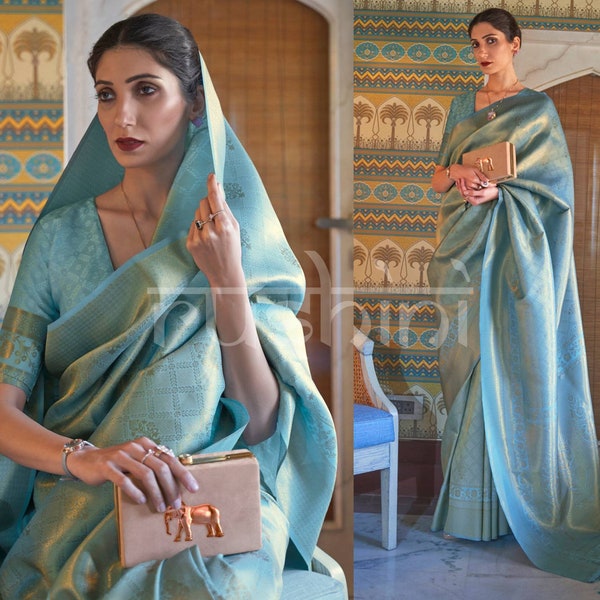 Angel Blue Kanjivaram Handloom Weaving Soft Silk Saree Beautiful Rich Pallu & blouse For Women Wedding Wear Indian traditional bridesmaid