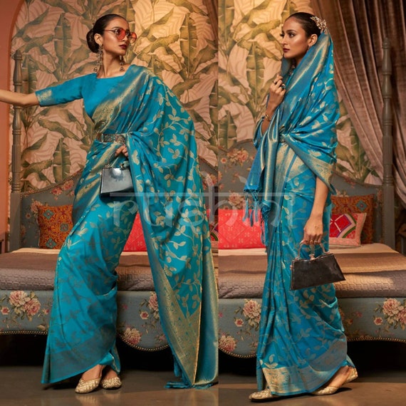 Buy Sky Blue Chinon Banarasi Silk Saree With Matching Blouse for Online in  India - Etsy