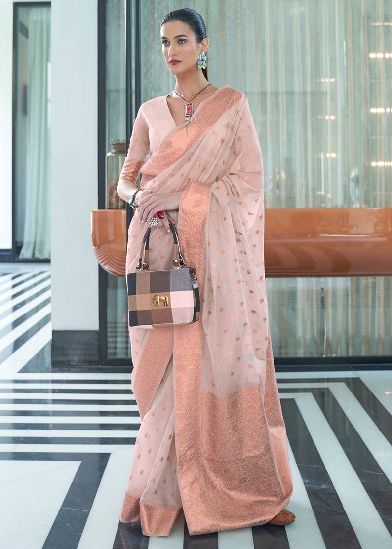 Light Beige Copper Zari Modal Weaving Kora Silk saree for women wedding special festive occasion casual party wear image 4