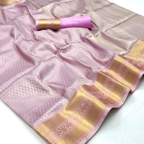 Lilac Purple Woven Banarasi Silk Saree for Women wedding,party,festive Wear Light Colour Exclusive Rich Looking Stylish Sari