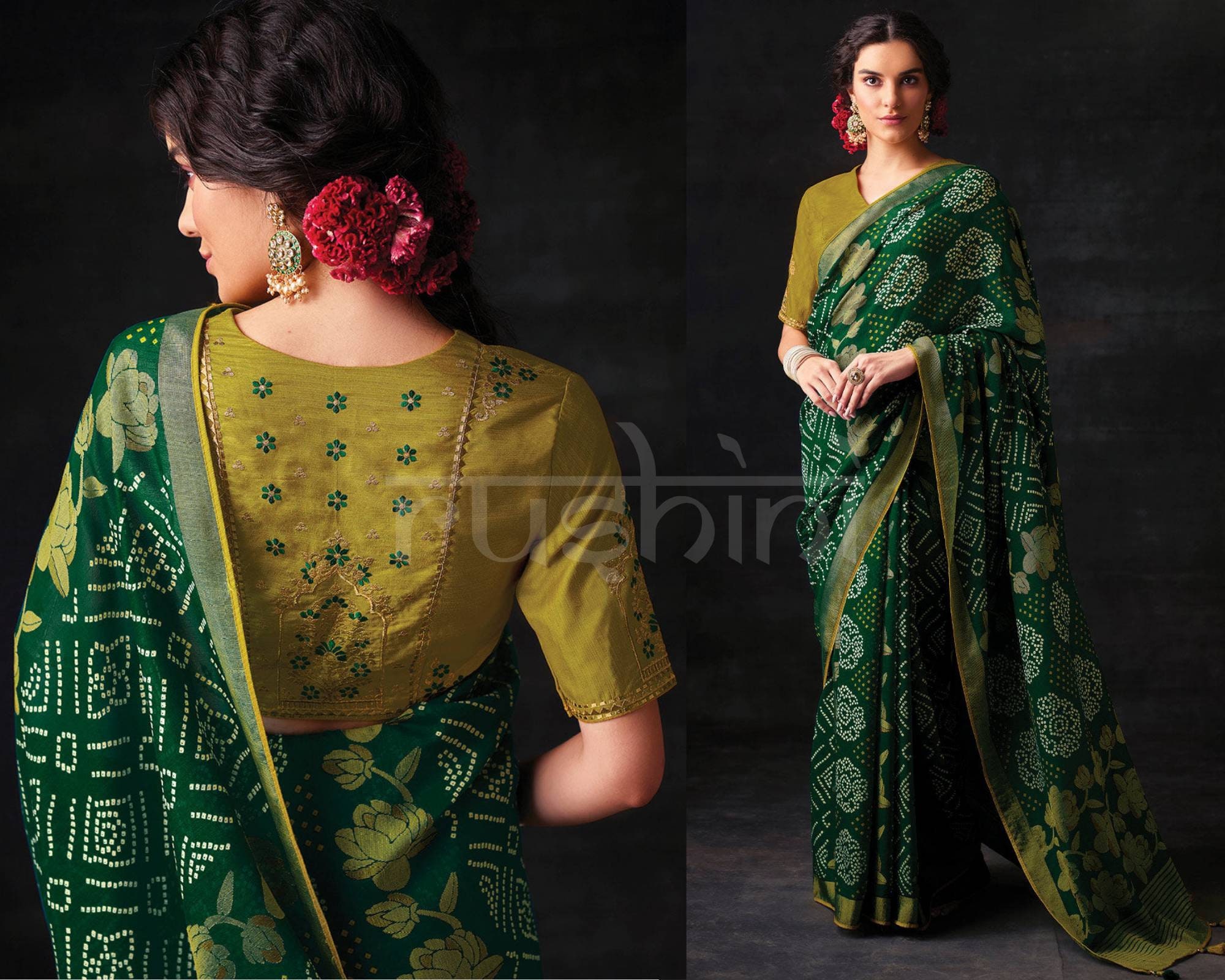 Buy Palm Green Bandhani Print Soft Brasso Silk Saree With Designer Online  in India - Etsy