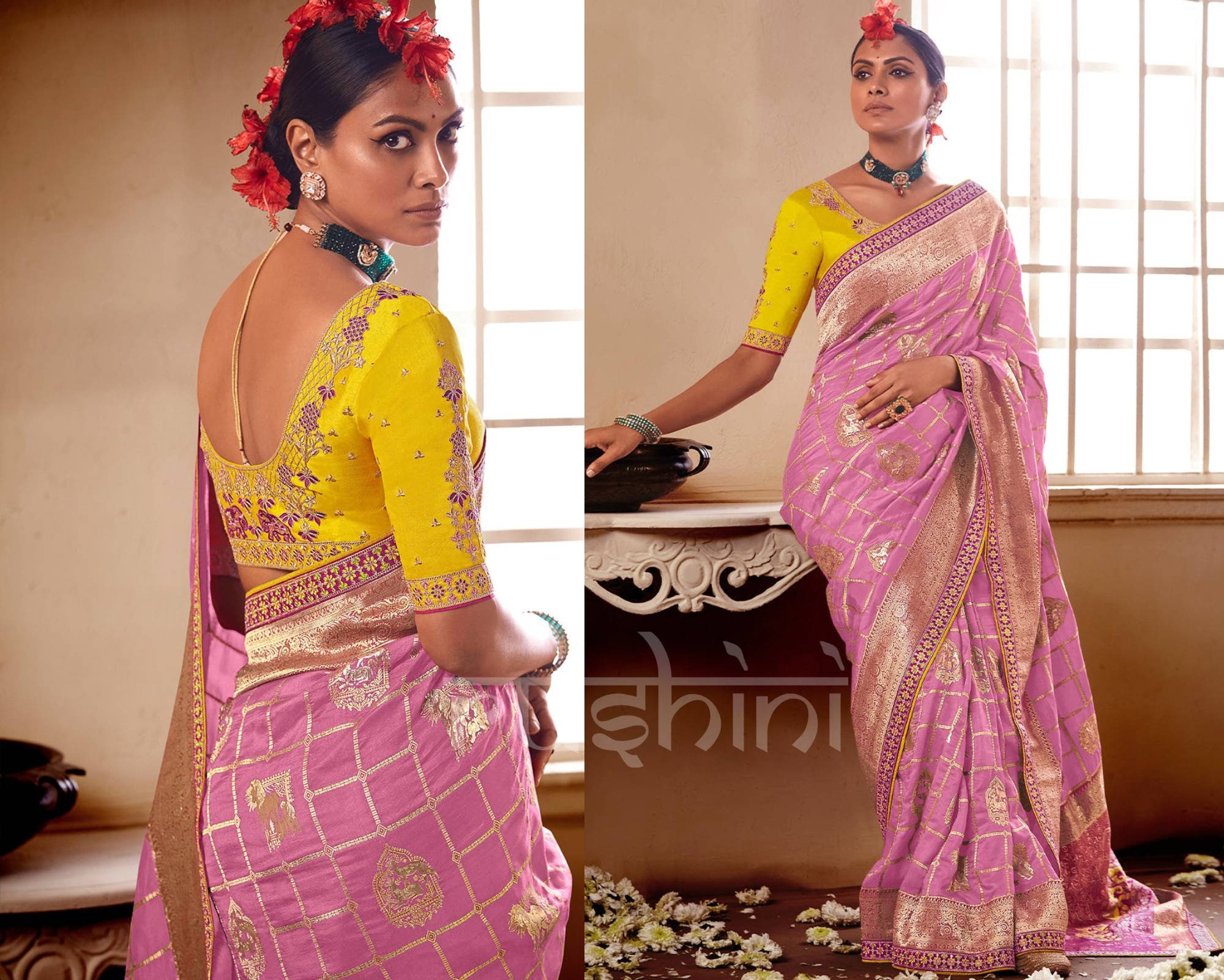 Buy Baby Pink and Yellow Woven Soft Silk Saree With Designer Online in  India - Etsy